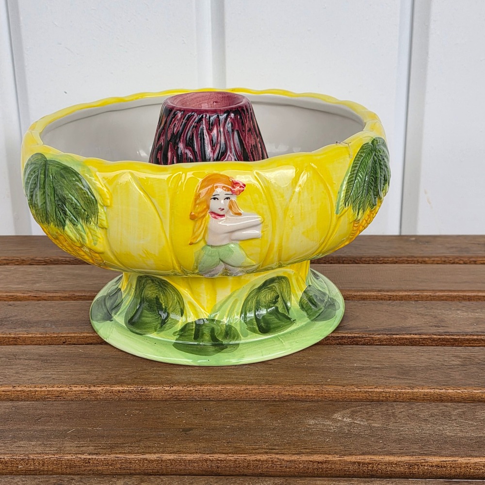 Vtg Tiki Bowl Volcano Ceramic 48oz Hula Girl Palm Tree Luau Party hawai scorpion